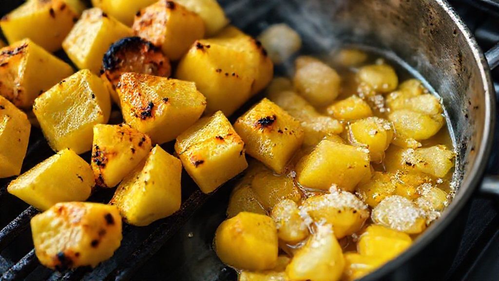 Pineapple chunks charring on a grill for Colombian hot dog sauce