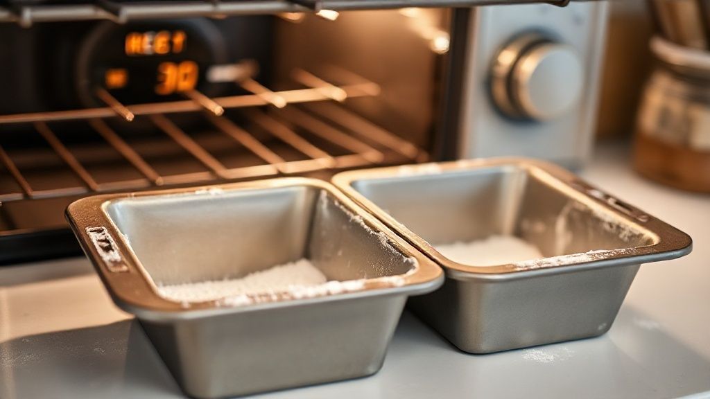 Greasing and flouring two loaf pans for banana bread