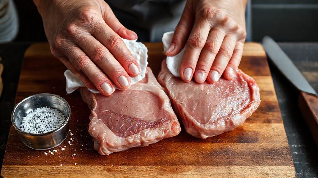 Secando chuletas de cerdo con toallas de papel