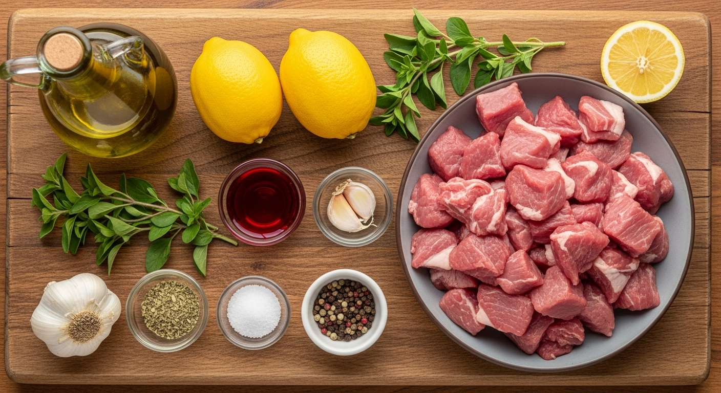 Ingrédients pour la recette de Souvlaki d'agneau disposés
