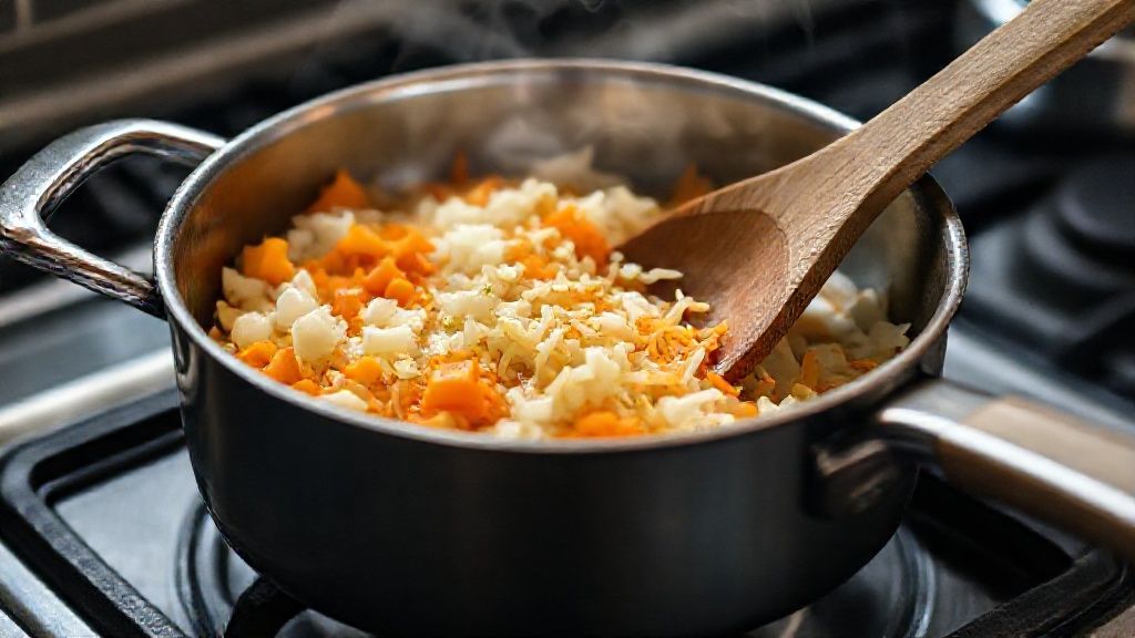 Sautéing onion, garlic, and carrot in a saucepan.
