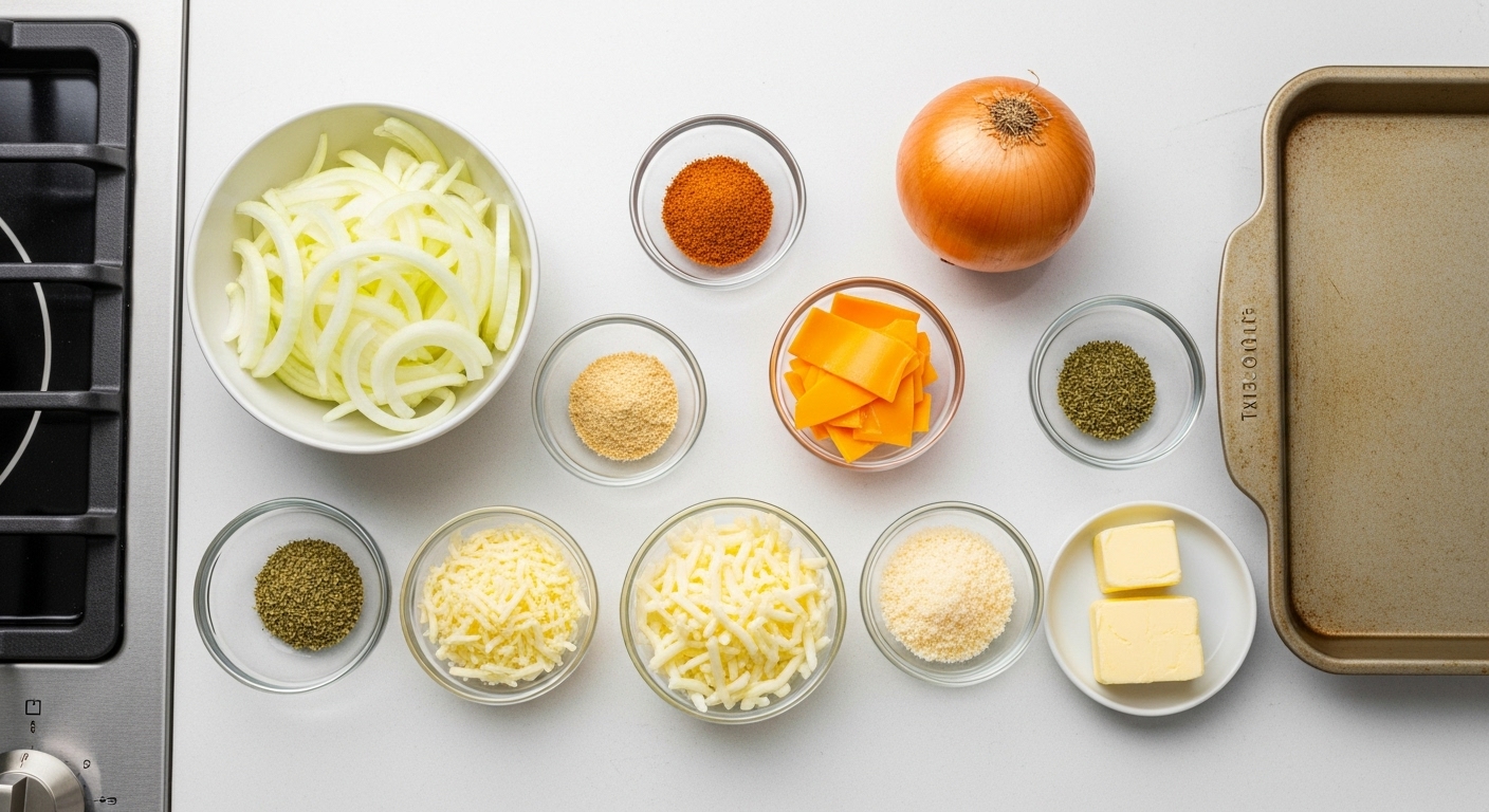 Ingredients for Tennessee Onions on a counter, with a casserole dish and oven in background