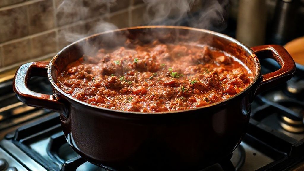Simmering meat sauce in a Dutch oven