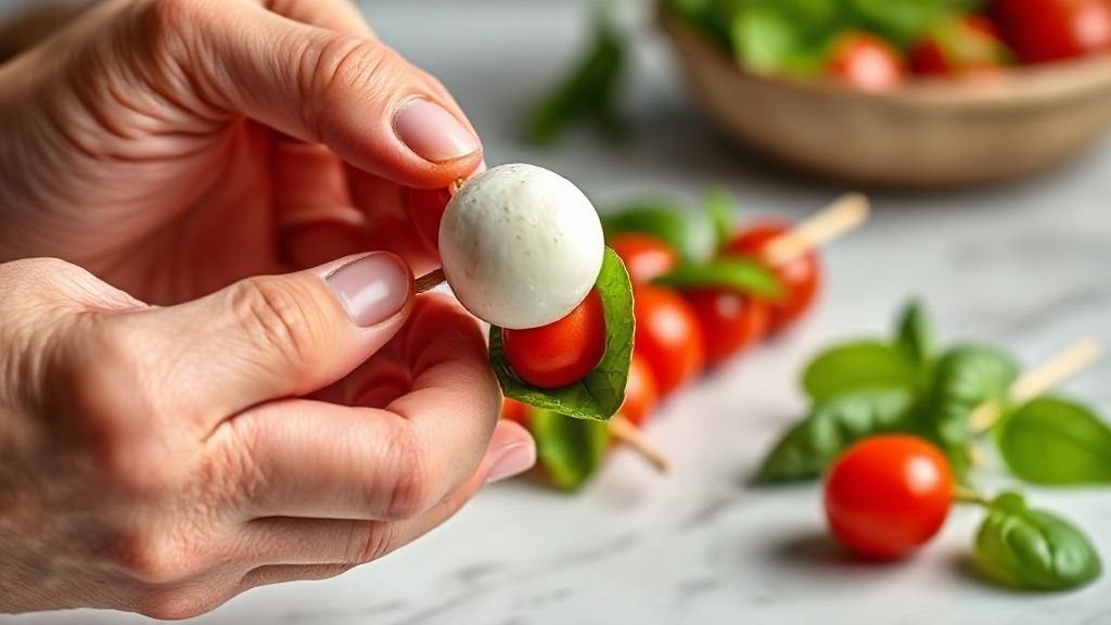 Assembling Caprese skewers by threading ingredients