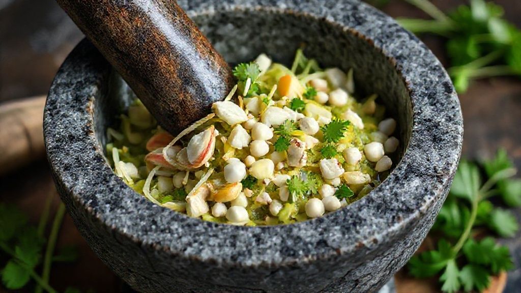 Pounding marinade ingredients in mortar and pestle