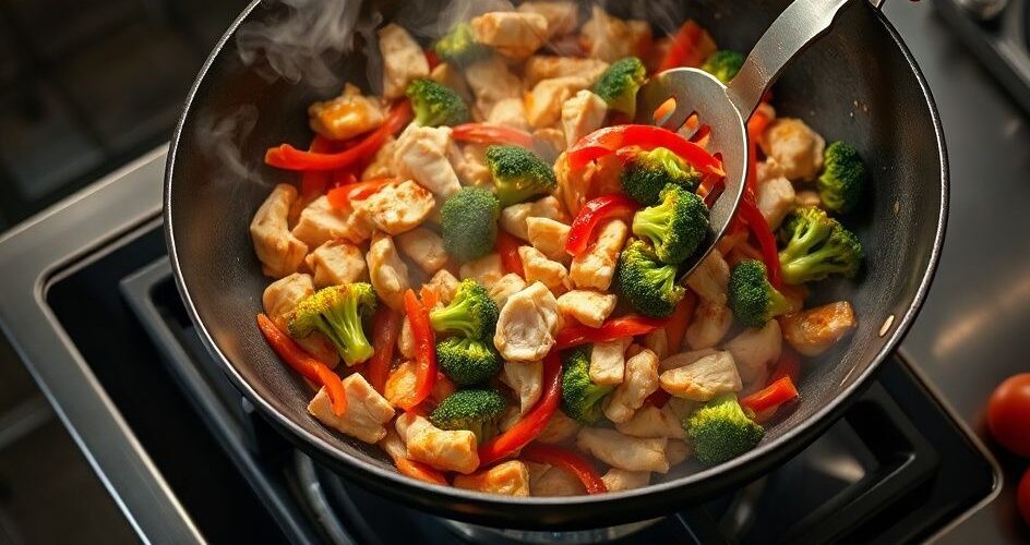 Stir-frying ingredients in a hot wok