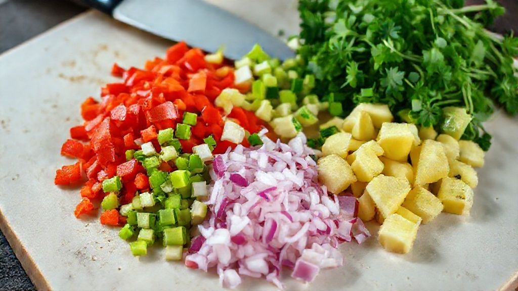 Finely diced vegetables and pineapple on a cutting board