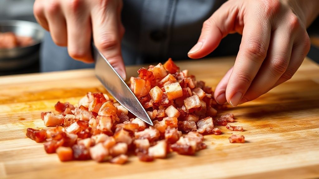 Chopping crispy bacon on a cutting board