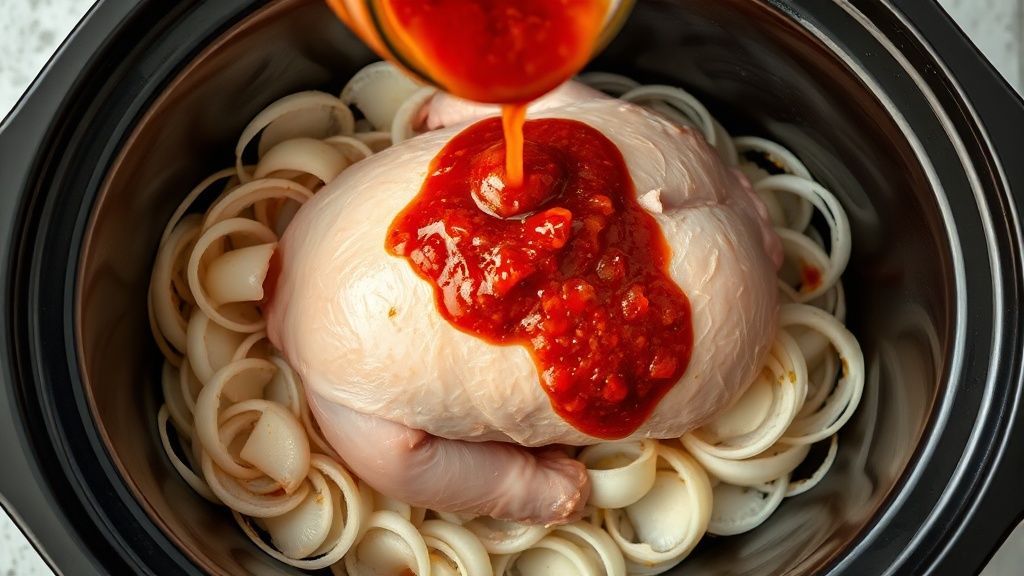 Colocando pollo y salsa en una olla de cocción lenta