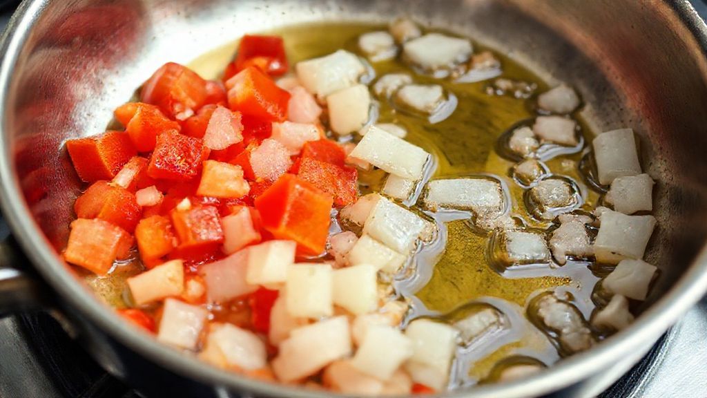 Diced bell pepper and onion cooking in a pan