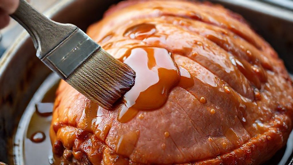Applying maple glaze to ham