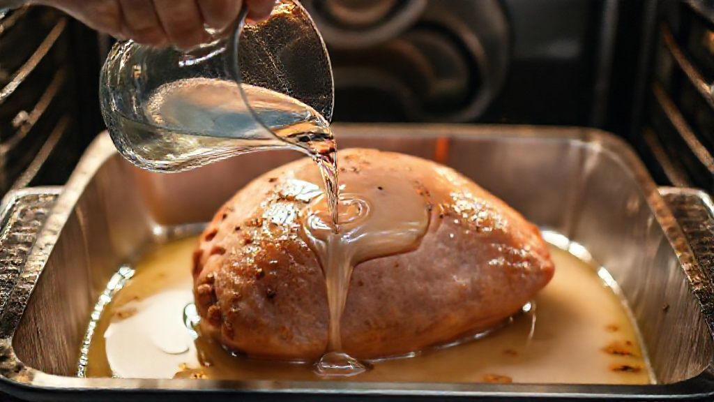 Adding water to roasting pan