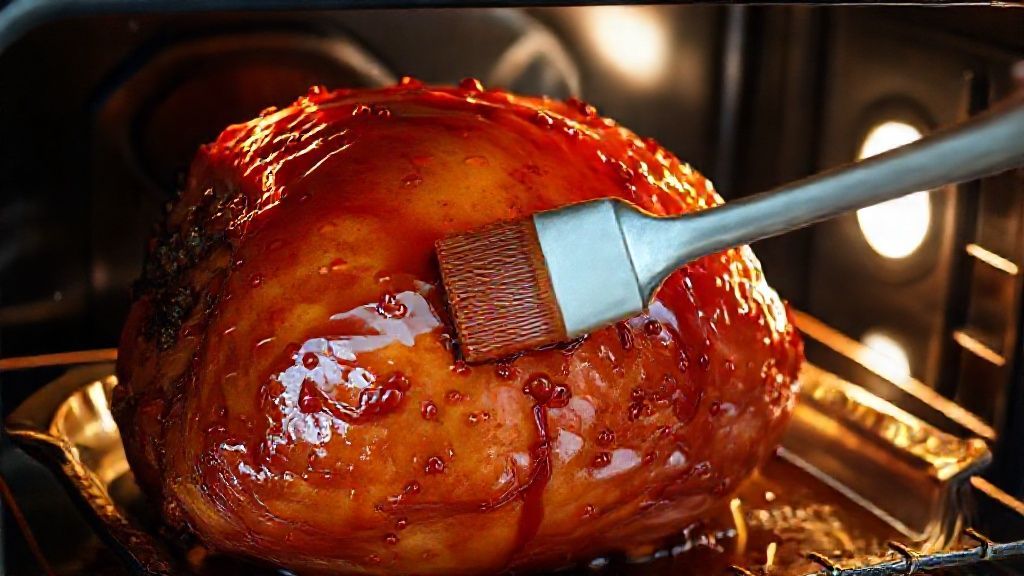 Basting maple glazed ham in oven