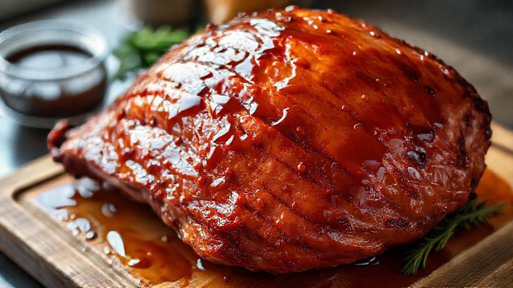Resting and final basting of glazed ham