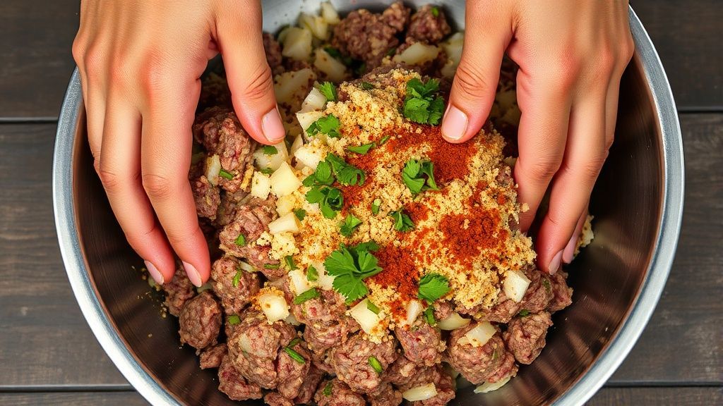 Mezclando ingredientes para las koftas de cordero a mano