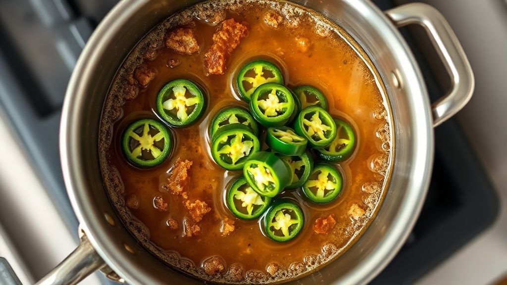 Simmering sugar and spice mixture with jalapeño slices in a saucepan