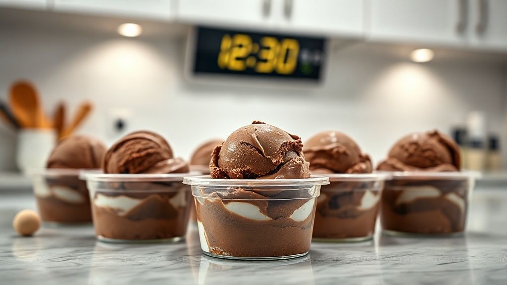 Chocolate ice cream containers softening on a kitchen counter