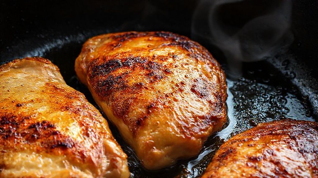Chicken thighs searing in a cast iron skillet