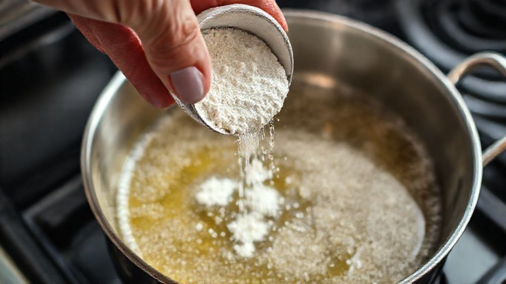 Espolvoreando harina para todo uso en aceite caliente para freír