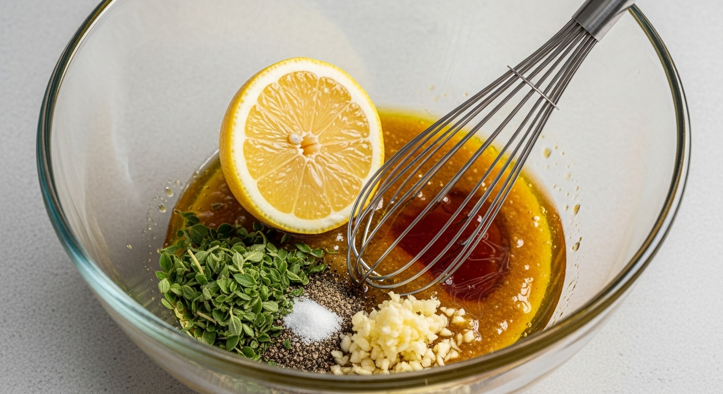 Fouettage des ingrédients de la marinade pour le Souvlaki d'agneau