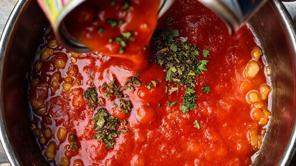 Adding crushed tomatoes and seasonings to the saucepan.