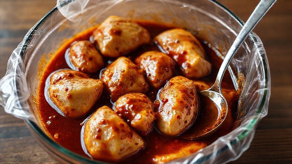 Chicken marinating in Gai Yang sauce