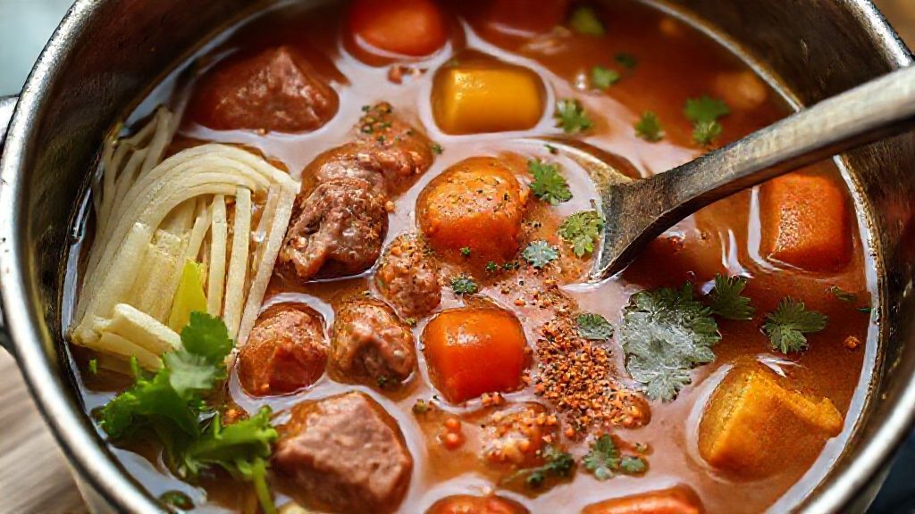 Ingredientes de la sopa combinados y cocinando a fuego lento