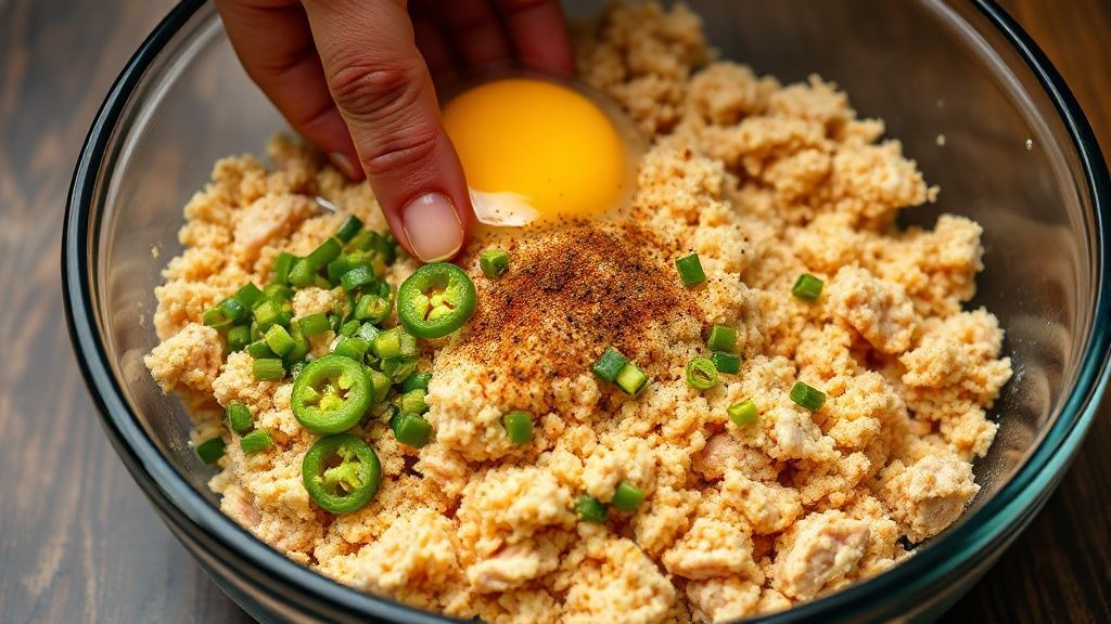 Mixing ground chicken with seasonings for meatballs