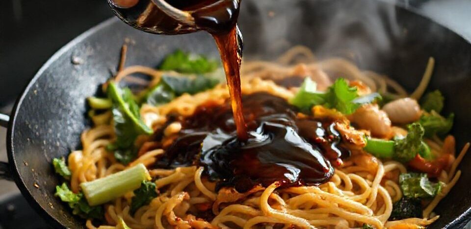 Adding stir fry sauce to wok with noodles and vegetables