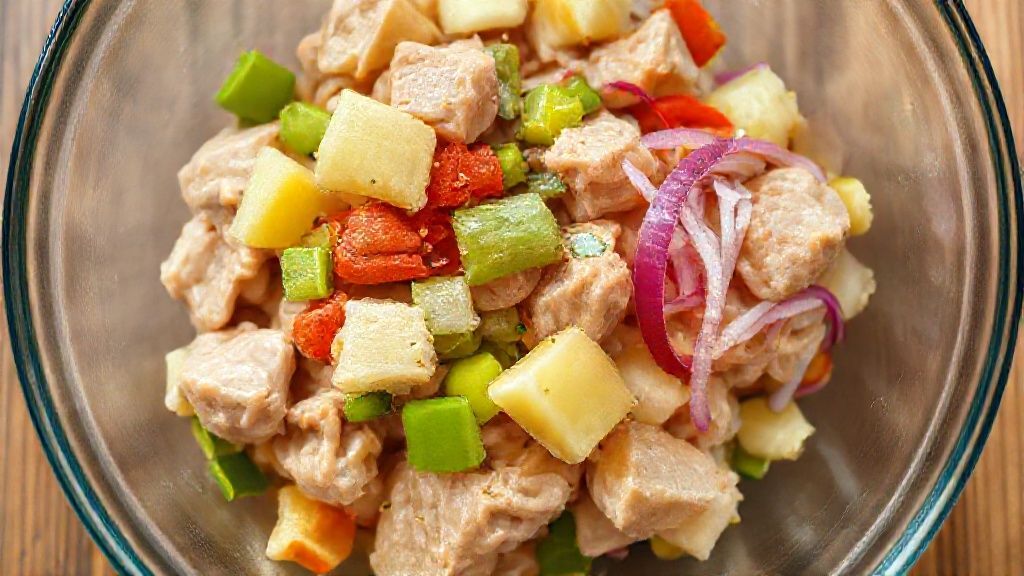 Chicken, pineapple, and vegetables mixed in a bowl