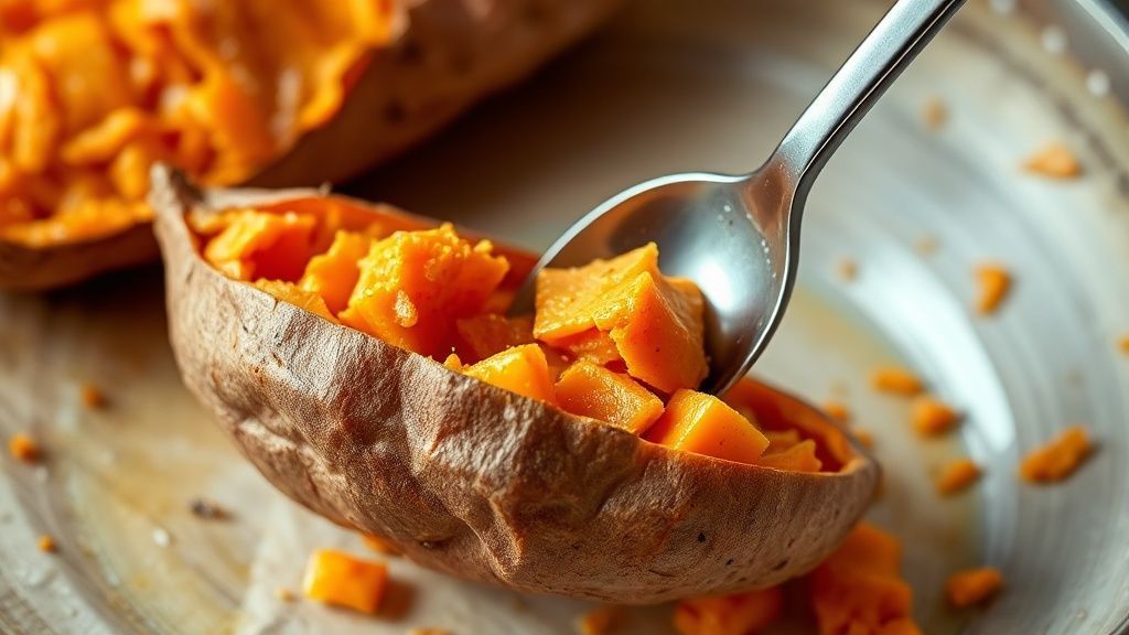 Scooping sweet potato flesh into a mixing bowl