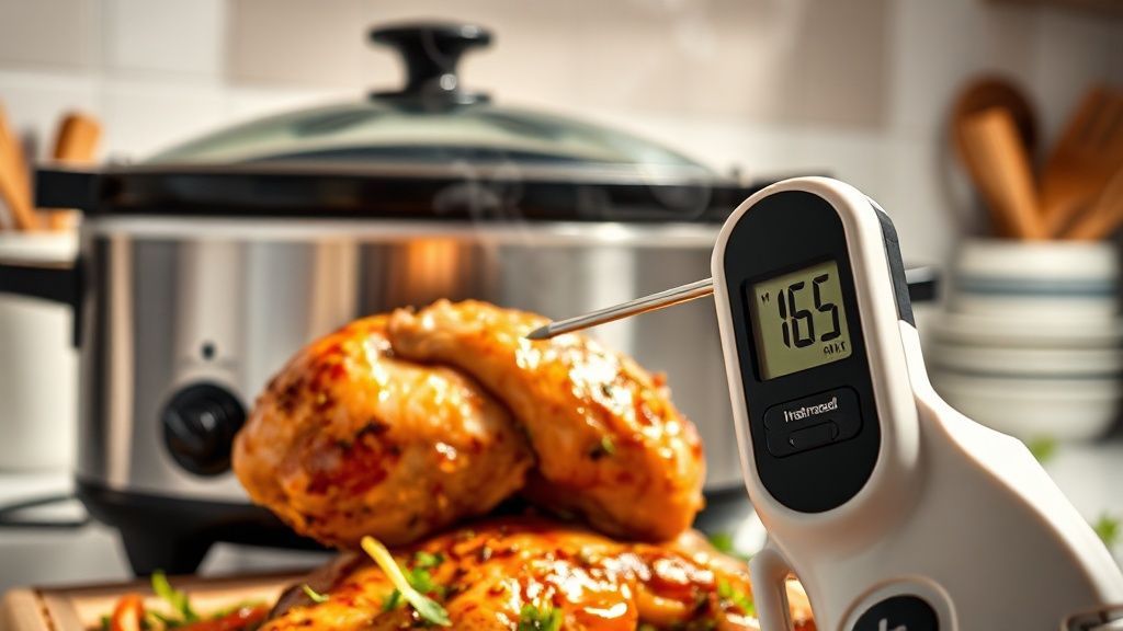 Revisando la temperatura del pollo cocido con un termómetro