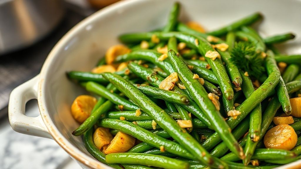 Judías verdes salteadas con ajo transferidas a un plato blanco para servir
