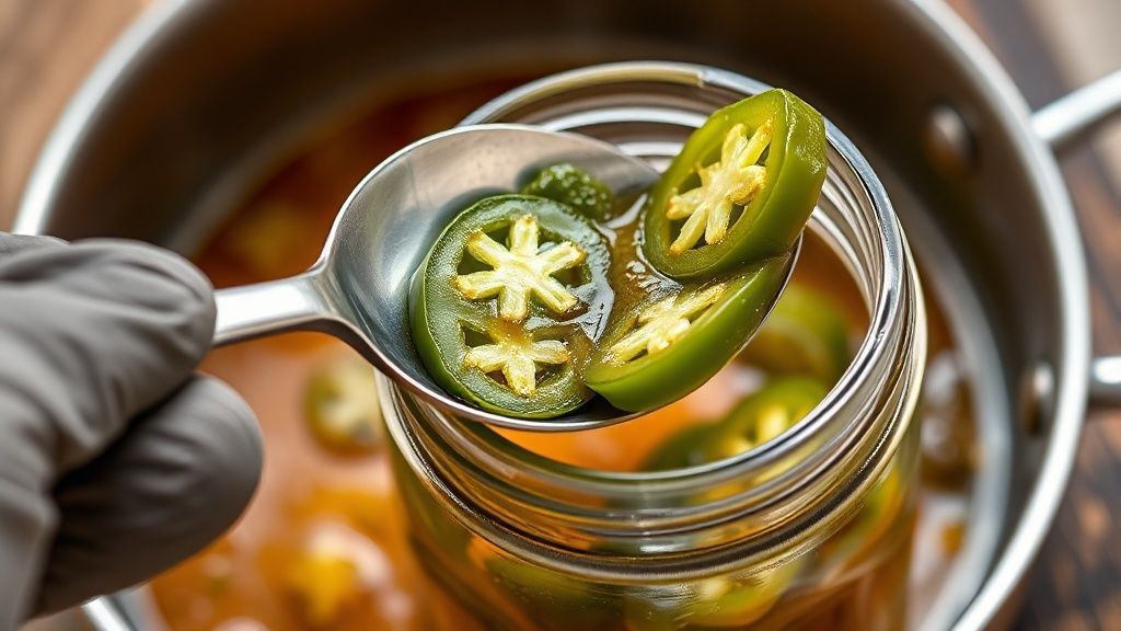 Transferring candied jalapeño slices to a jar with a slotted spoon