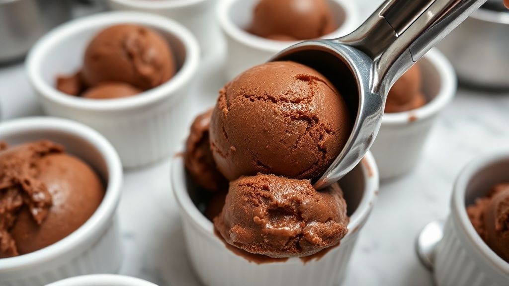 Scooping chocolate ice cream into unlabeled white bowls for a blind taste test