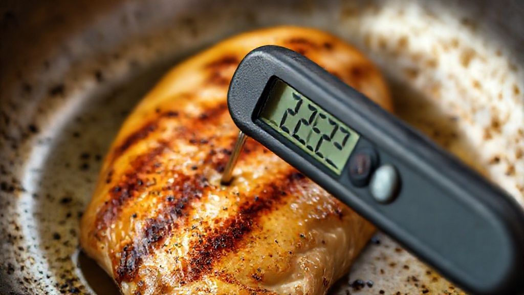 Checking internal temperature of chicken breast with a digital thermometer