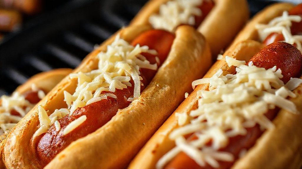 Cooked hot dogs in buns topped with meltable white cheese