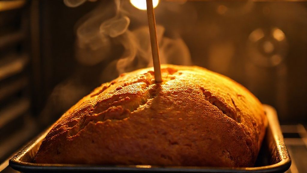 Banana bread baking in the oven, testing for doneness with a toothpick