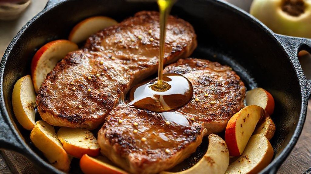Añadiendo manzanas, ajo y miel a las chuletas de cerdo en la sartén