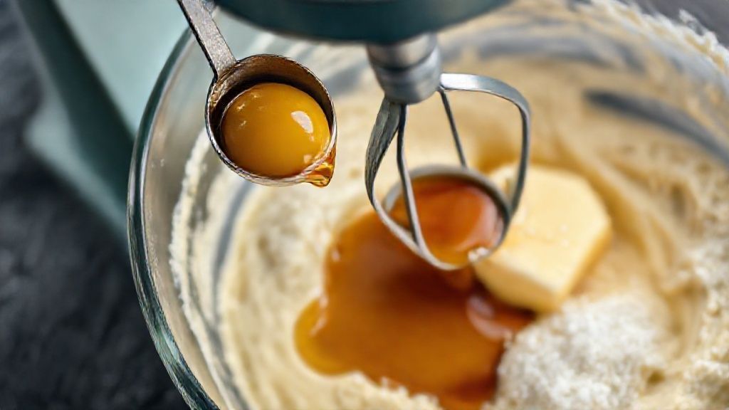 Adding egg and vanilla extract to cookie dough mixture