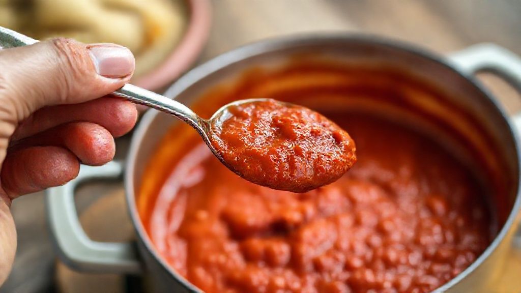 Tasting and pouring the thickened ratatouille sauce into a baking dish.