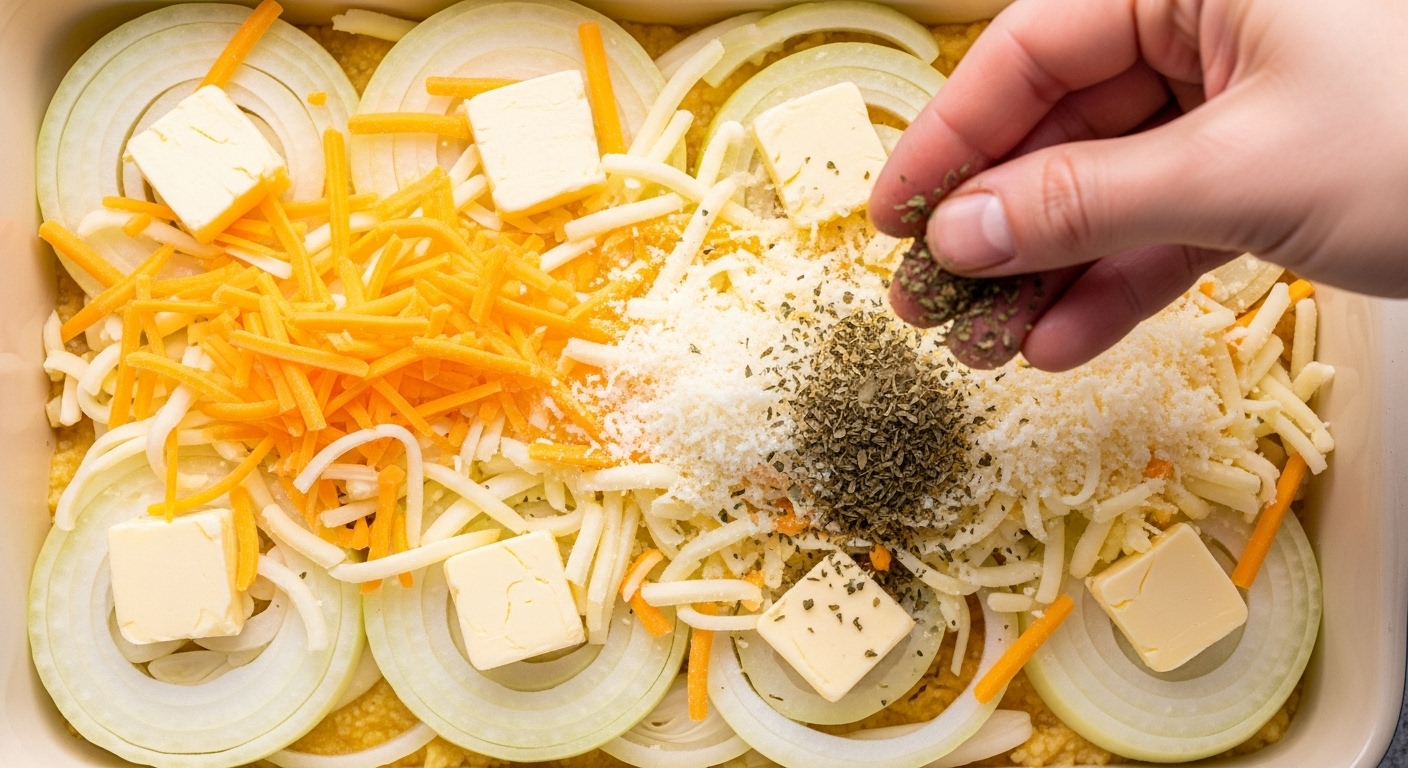 Adding butter and three types of cheese to layered onions in casserole