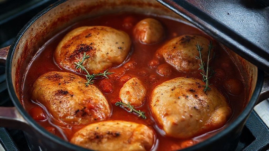 Pollo cociéndose a fuego lento en salsa Chasseur