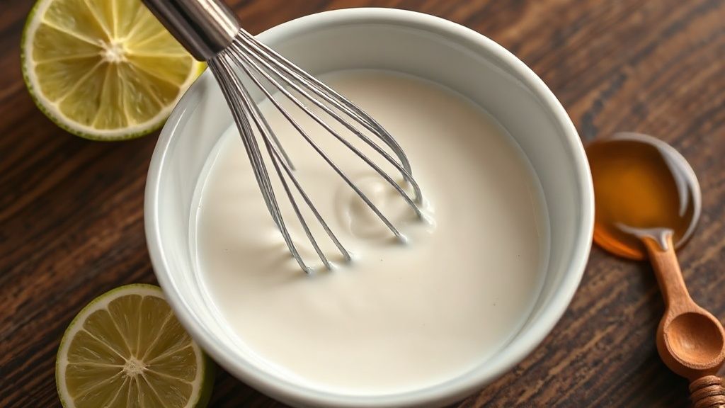 Whisking creamy dressing in a small bowl