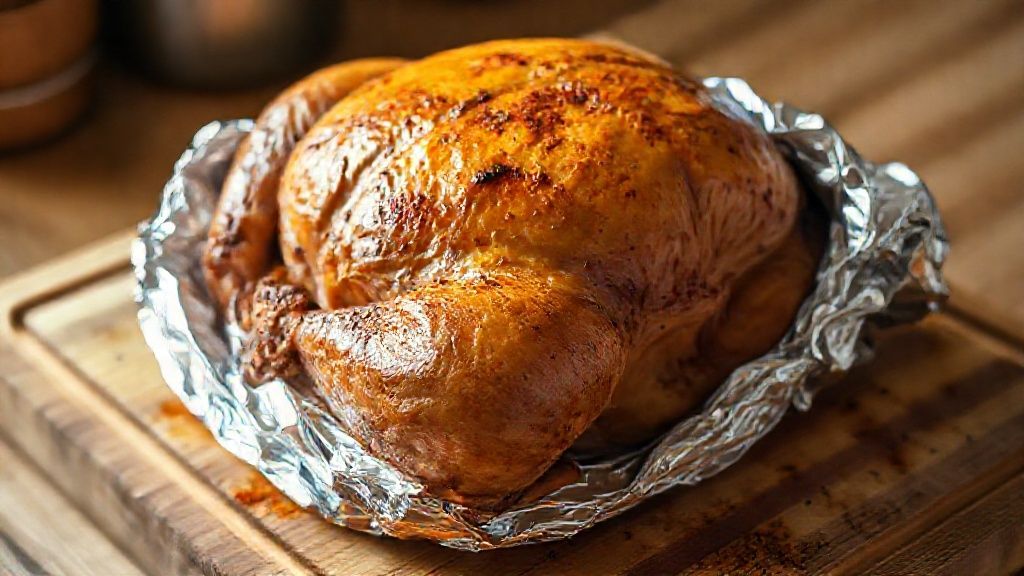 Dejando reposar el pollo cocido en una tabla de cortar