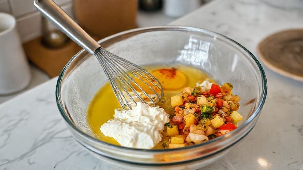 Mélange des œufs, du fromage cottage, de la sauce Tabasco et des légumes