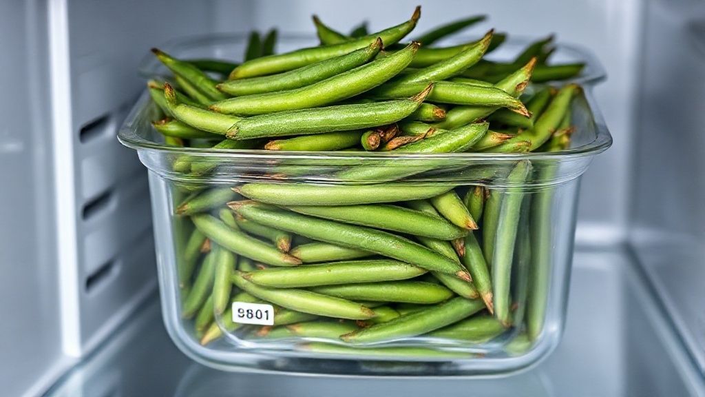 Judías verdes escaldadas almacenadas en un contenedor hermético en el refrigerador para preparación de comidas