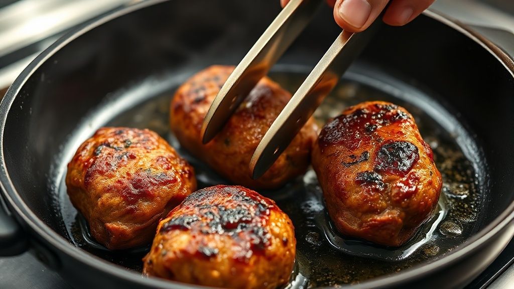 Cocinando koftas de cordero en una sartén