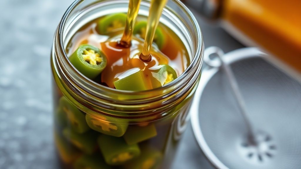 Pouring thickened syrup over candied jalapeños in a jar