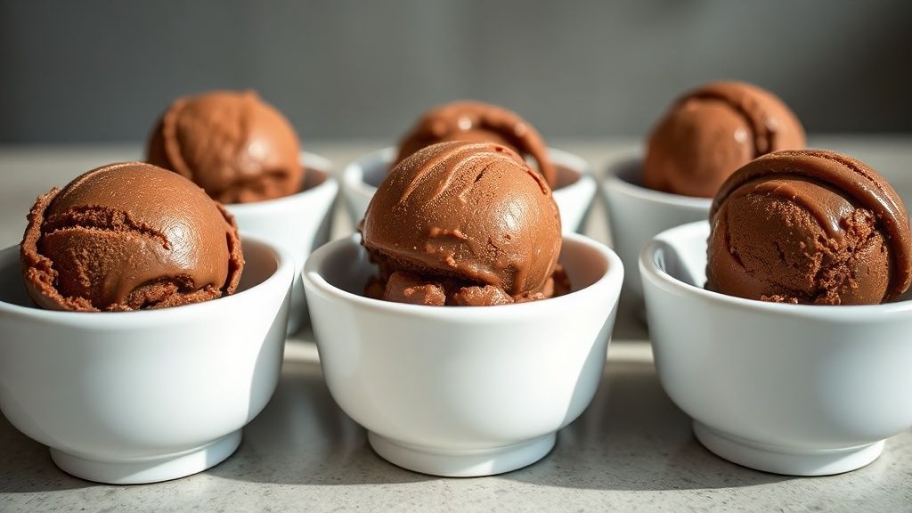 Scooped chocolate ice cream warming in bowls on a table